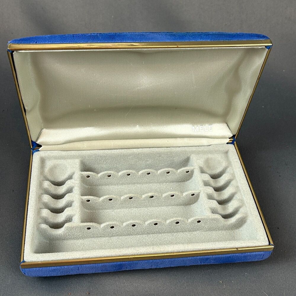 Mele Jewel Case Hinged Clamshell Blue Velvet Rings Earrings Travel 7" X 4.5"